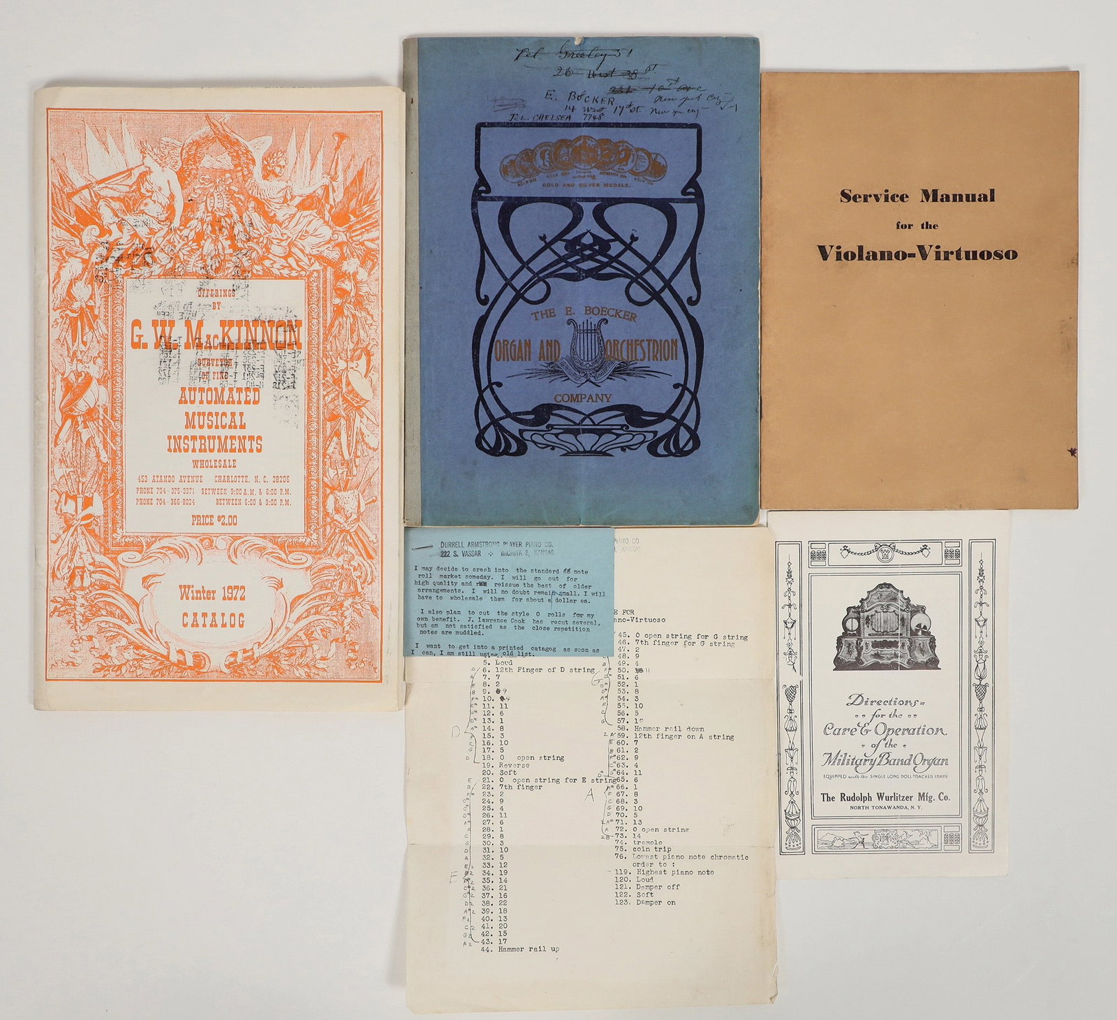 Automated Musical Instruments Catalogs and Manuals Wurlitzer, Boeker, McKinnon [197819]: There is a manual to tune and set-up the Wurlitzer Organ for styles: 147, 148, 149, 150, 125 a fold out paperback. There is a service manual for the Violano-Virtuoso by the Old Collector Eugene, Orego
