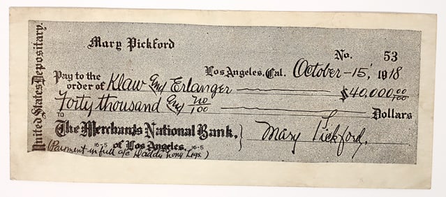 Mary Pickford "Daddy Long Legs" Promo $40,000 Check [194301]
