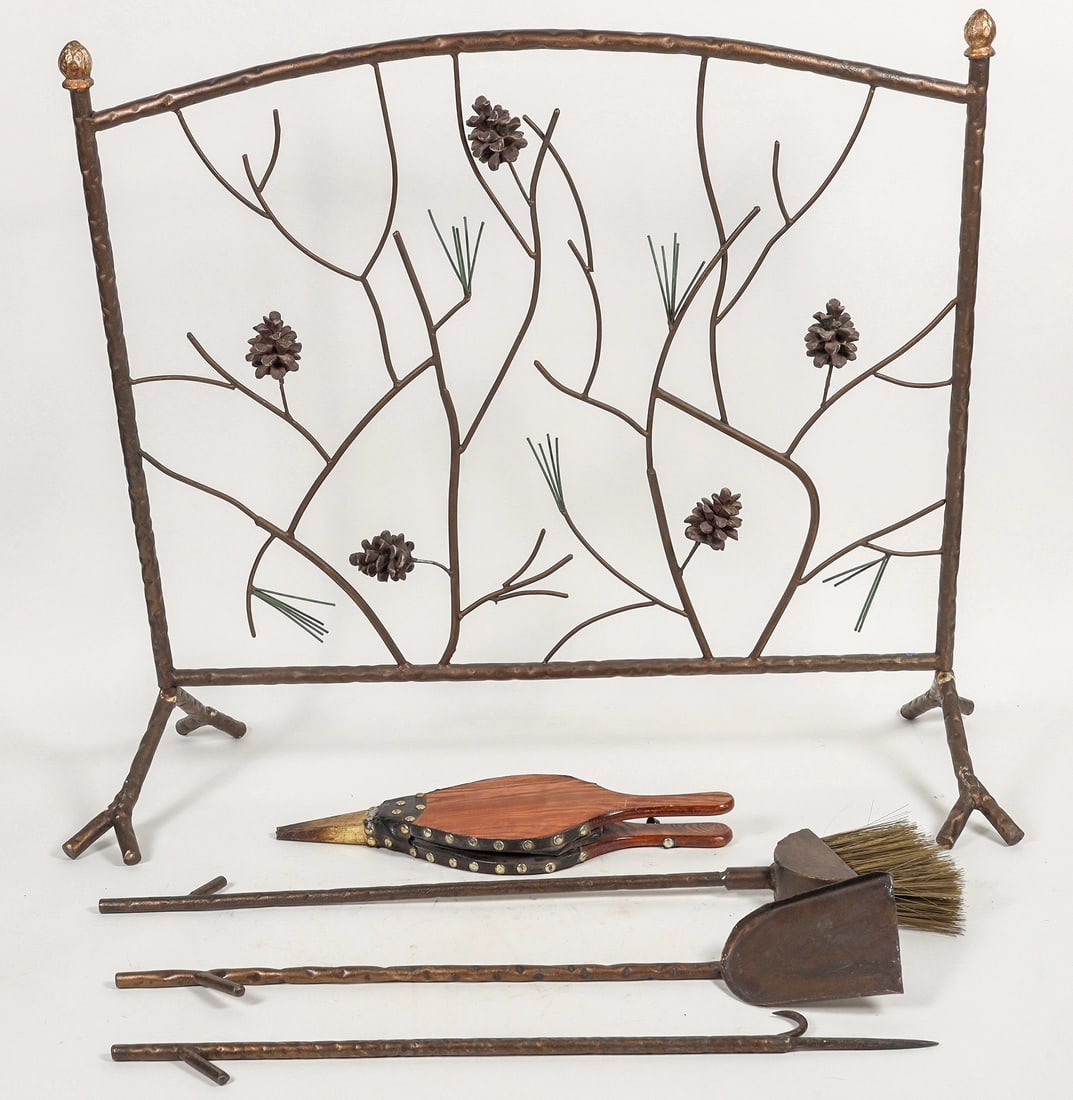 Fireplace Screen, Tools Trio & Bellows [197478]: 3 metal fireplace tools made to look like twigs, 24". Also, wood bellows, 16", and matching fireplace screen with acorns and pine needle accents, 28x29.5"-missing 1 lower securing nut, looks like a co