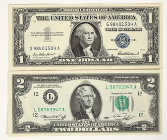 Mint U. S.Currency: 1957 $1 Silver Certificate/1976 $2  [197345]