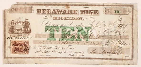 Delaware Mine $10 Scrip Note 1865 [192533]