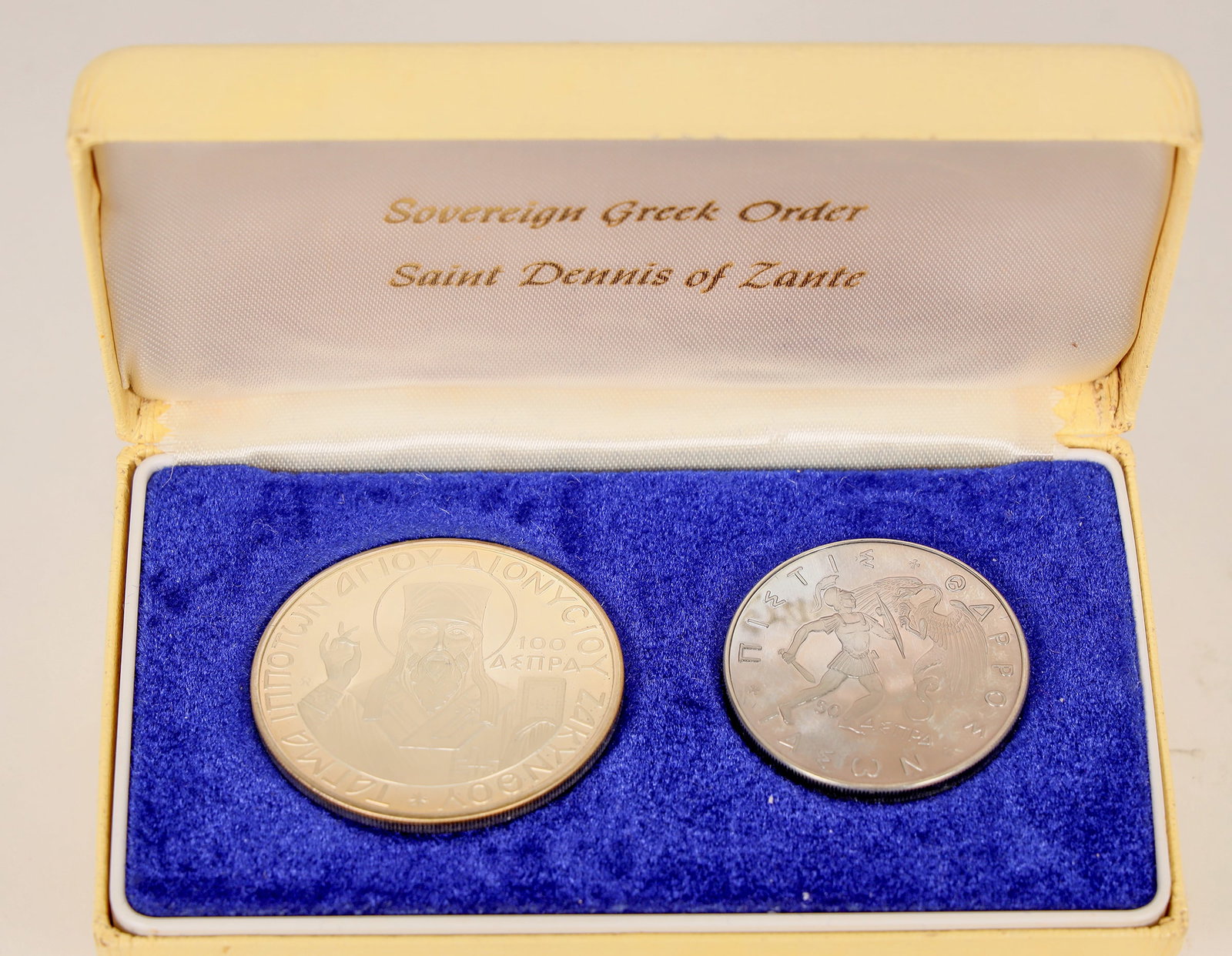Saint Denis of Zante Coins of the Ionian Islands [177296]: Two uncirculated coins in original plastic and hard shell case honoring the Sovereign Greek Order of Saint Dennis of Zante.^Date: Country(if not USA): State: City: Provenance:
