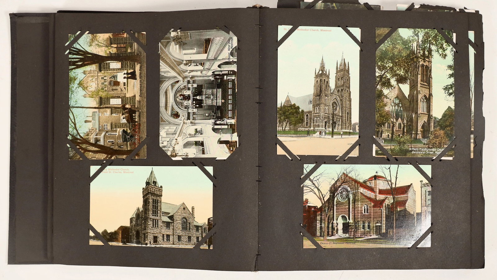 Montreal & Quebec Postcards, 130 [186928]: About 130 Montreal and Quebec postcards in a vintage album with album pages detached from inner spine, with most pages still bound together. CPR Bridge, St. Helens Island, St. Lawrence River, Montreal