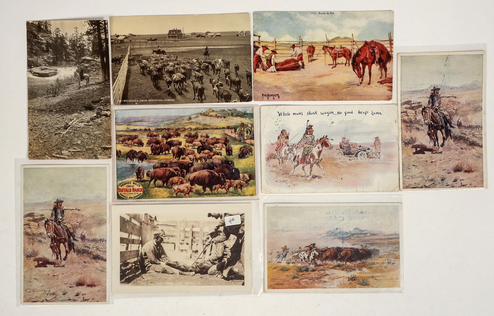 Cowboy and Indian Postcard Collection (9) [199229]: Collection of 9 cowboy and Indian postcards. Includes some Charles Russel postcards.^Date: Country (if not USA): State: City: Provenance: