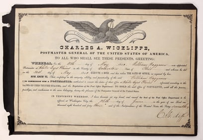 White Eyes Plains Post Office Appointment Certificate, Wickliffe Signature [187299]