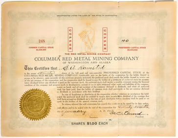 Columbia Red Metal Mining Company Stock Certificate  1922  [198641]