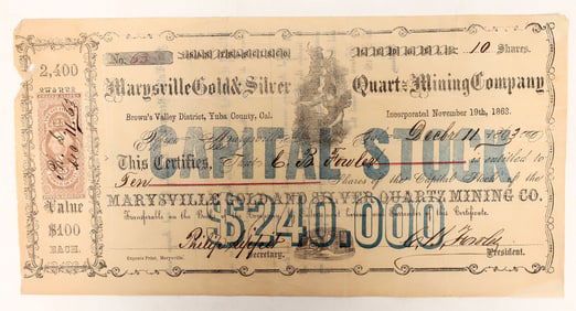 Marysville Gold & Silver Quartz Mining Stock, 1863, Rare [191696]