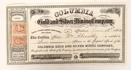 Columbia Gold and Silver Mining Stock, 1864, [191707]