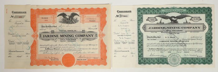 Jardine Mining Company Stock Certificate Pair [197642]