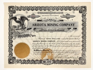 Arizota Mining Company Stock Certificate Signed by Seth Bullock, Deadwood Sheriff [197637]