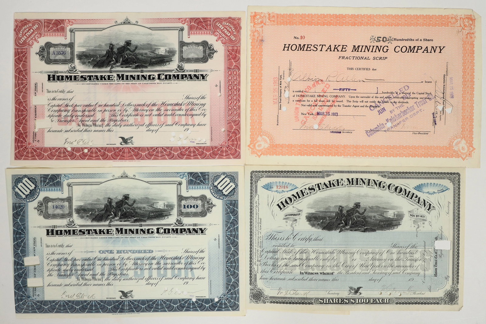Homestake Mining Company Stock Group [197640]: Lot of 4 different. Three are unissued, but signed by corporate officers. The last is a certificate for fractional scrip issued in 1913. All punch cancelled. George Hearst, Lloyd Tevis, and James Ben 