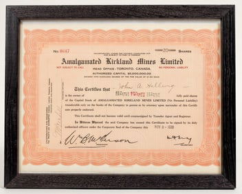 Stock Certificate for the Amalgamated Kirkland Mines Limited 1939 Toronto [198652]