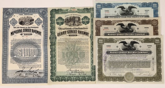 Five Different San Francisco Rails Stocks and Bonds [199654]