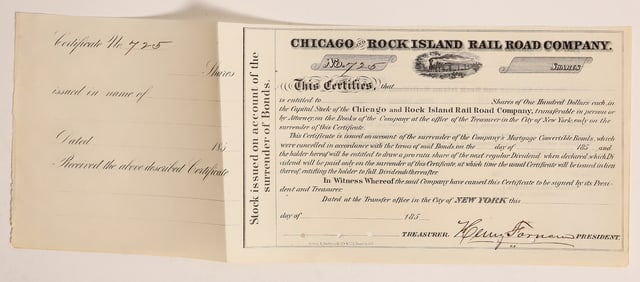 Chicago and Rock Island RR Stock, Signed by Farnam [184211]