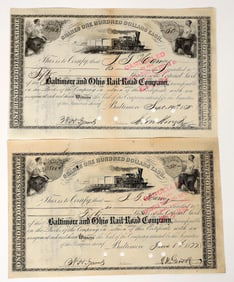 Baltimore and Ohio Railroad Stocks, 2  Different President Sigs, 1877-78 [193977]