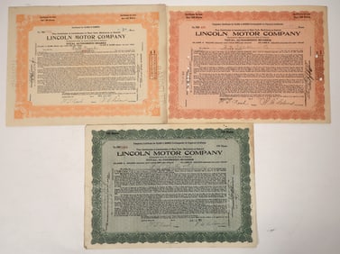 Lincoln Motor Stocks, 3 Different, 1920-22 [192730]