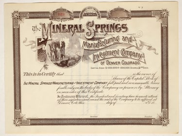 Mineral Springs Manufacturing & Investment Co. Stock Certificate, Denver, c.1889 [192917]