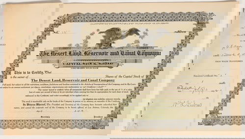 Desert Land, Reservoir and Canal Company Stock Certificates & Stub Register [196910]