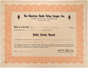American Radio Relay League Award Cert 1964 [157898]