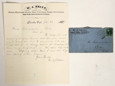 W.J. Shinn, Druggist, Truckee, Letterhead & Corner Ad Cover, 1878, to Boca [199261]