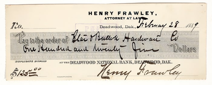 Star & Bullock Hardware Company Check, Deadwood, 1889 [199156]