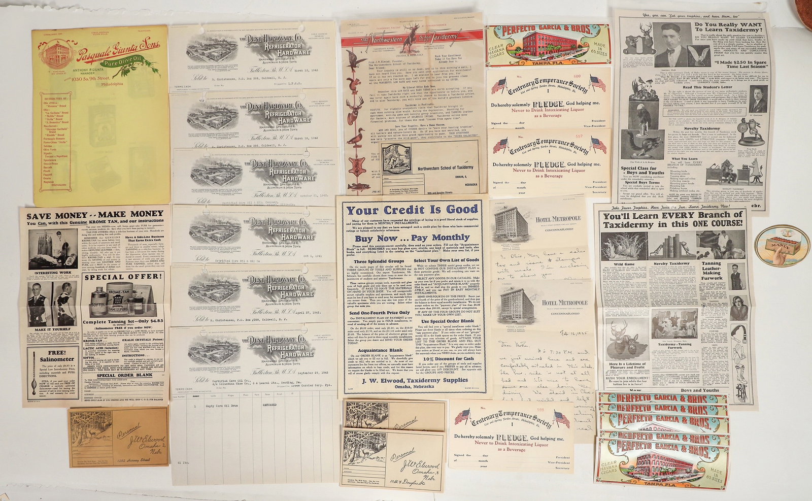 Group: Billheads, Tobacco Labels, Temperance Pledge, etc. [199432]: Pictorial billheads, tobacco labels, temperance pledges and more. Generally high contrast pieces in good condition with little to no wear on edges. About 20+ pieces of ephemera. Assorted sizes, from ~