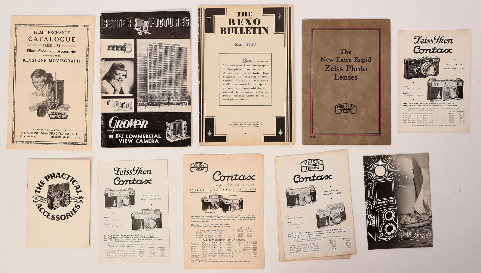 Camera and Lens Catalogs and Pricelists, 12 [187305]: 12 vintage camera and lens catalogs. Rolleicord, Rolleiflex, Zeiss, Keystone, 1929 Rexo Bulletin, Grover.^Date: Country (if not USA): State: City: Provenance:
