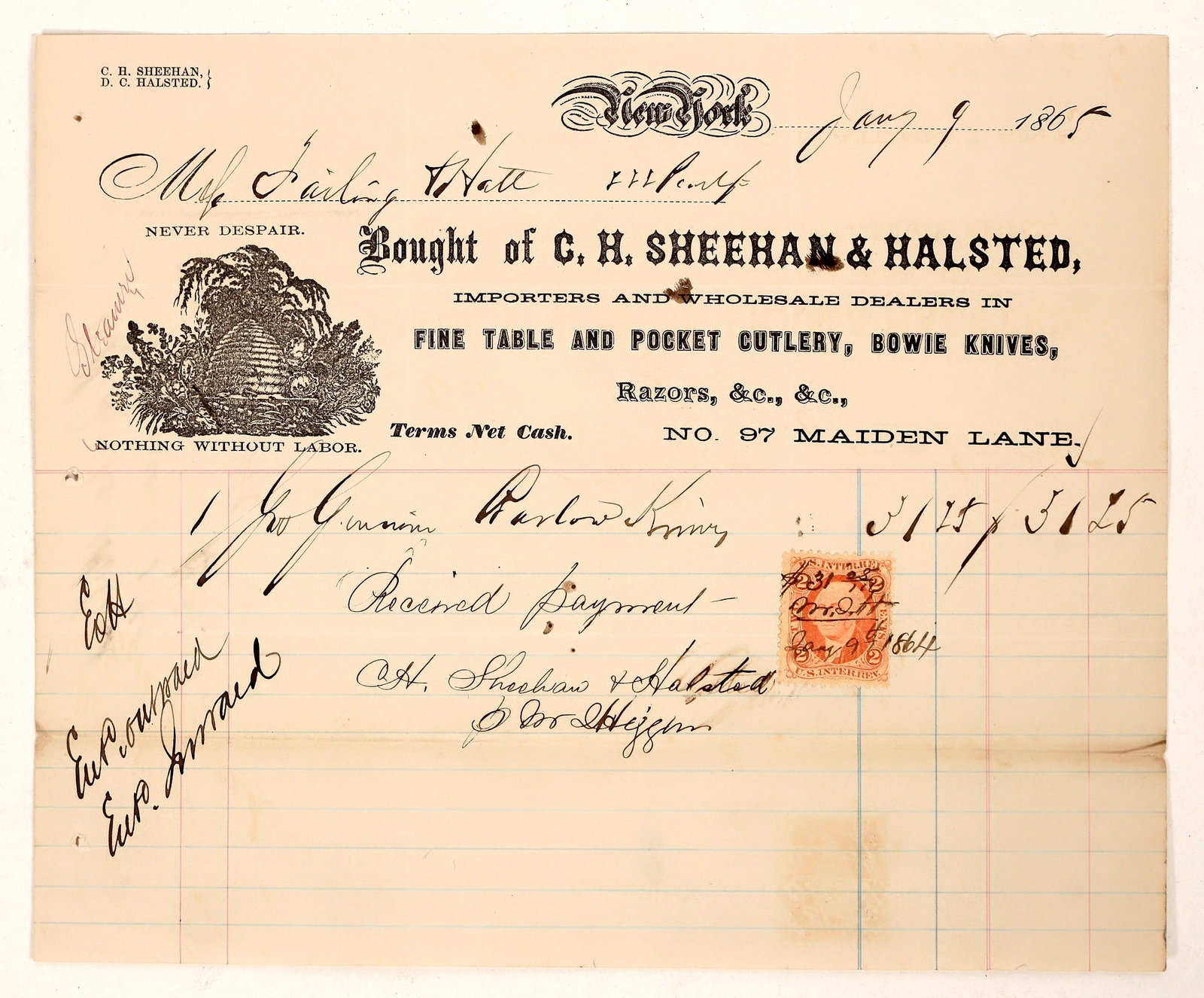 Bowie Knife Billhead, 1865, Rare [188748]: Rare 1865 C H Sheehan & Halsted billhead. They made Bowie knives and cutlery.^Date: Country (if not USA): State: City: Provenance: