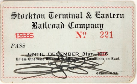 Stockton Terminal & Eastern Railroad Company Pass 1916 [197429]