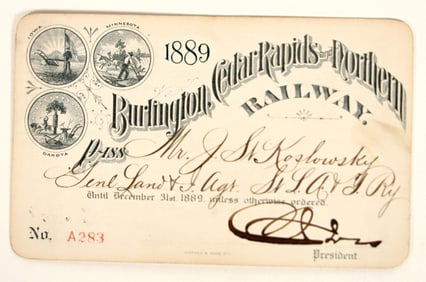 Burlington, Cedar Rapids & Northern Railway Annual Pass, 1889 [199143]