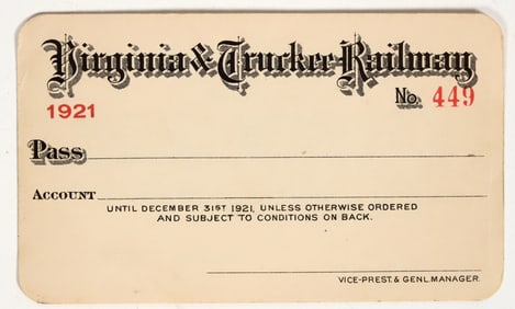Virginia & Truckee Railway Annual Pass, 1921 [197510]