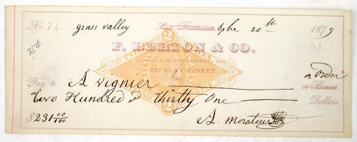 Check written off of Berton & Co. Bank Grass Valley 1879 [194530]