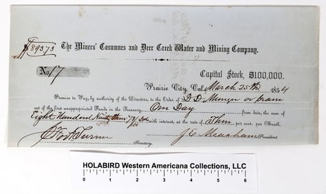 Miners Consumnes & Deer Creek Water & Mining Co. Promissory Note, Prairie City  1854 [193632]