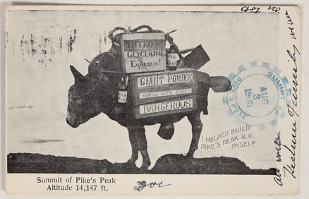 Pikes Peak Postcard of Burro with Explosives [198749]