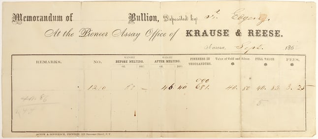 Krause & Reese Pioneer Assay Office Memorandum, Aurora, Nevada Territory, 1862 [199034]