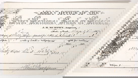 Assay Document John R. Murphy Austin, Nevada 1867 [194262]: A rare assay document from J.R. Murphy the office of the First National Bank of Nevada, Austin dated May 17, 1867. The assay is of mill pulp deposited by Art Curtis for $120.75 dollars in silver. The