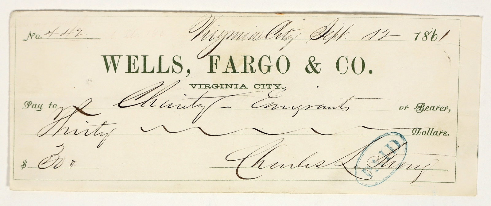 Virginia City, Nevada Territory Wells Fargo Check for "Emigrants Charity", 1861 [199160] (1 of 1)