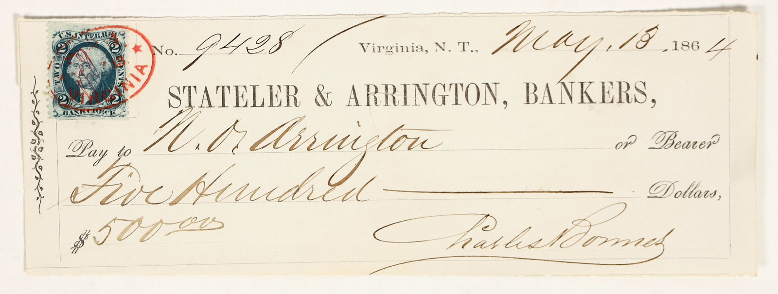 Stateler & Arrington Nevada Territory Bank Check Issued to Co-founder NO Arrington [199179] (1 of 1)