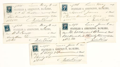 Stateler & Arrington, Gould & Curry, Virginia City, Nevada Territory Check Group (5) [199186]