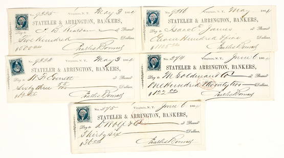 Stateler & Arrington, Gould & Curry, Virginia City, Nevada Territory Check Group (5) [199186]: Lot of 5, all issued in 1864 and signed by Charles Bonner, who replaced Charles Strong as supt. after his disastrous handling of the company's mill. All have US IR stamps. Two have red bank cancels. S