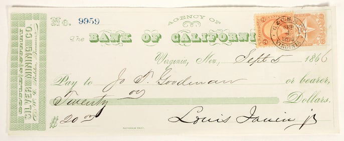 Gould & Curry Mining Check Issued to Joseph Goodman, Editor & Friend of Mark Twain [198882]