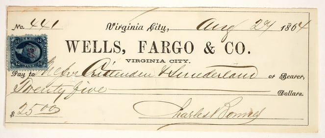Virginia City, Nevada Territory Check to AP Crittenden (Lawyer/Politician) [198881]