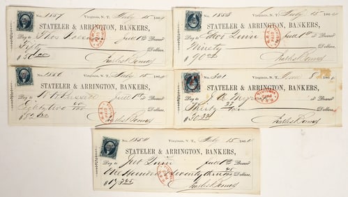 Five Stateler & Arrington Territorial Comstock Checks w/ Red Cancels [199796]