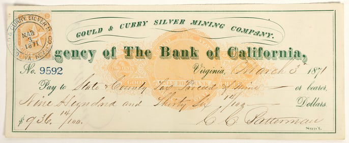 Gould & Curry Mining Co. Check Issued for "Proceeds of Mine" [198887]