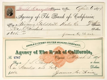 James G. Fair Autographed Check Pair, Virginia City, Nevada [199047]