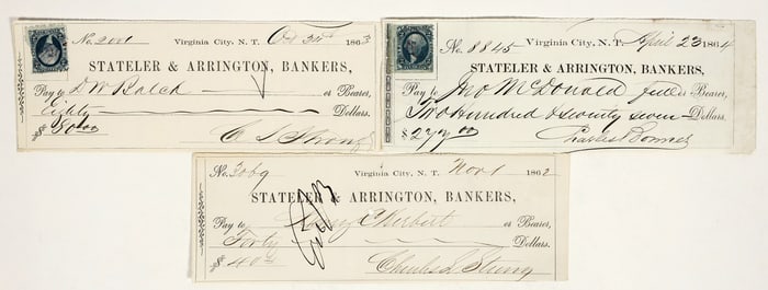 Stateler & Arrington, Virginia City, Nevada Territory Check Trio [199178]