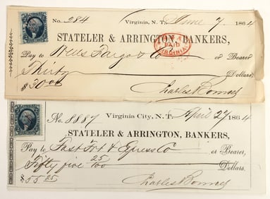 Virginia City, Nevada Territory Check Pair Issued to Express Companies [198893]