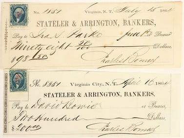 Virginia City, Nevada Territory Mining Check Pair Issued to Mill Owners  [198888]