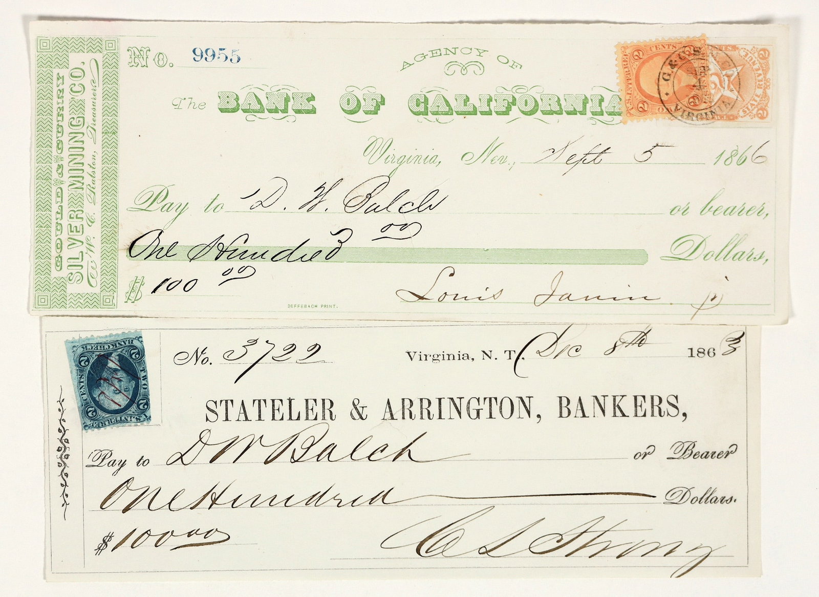 Virginia City, Nevada Gould & Curry Mine Check Pair Issued to Assayer DW Balch [199163] (1 of 1)
