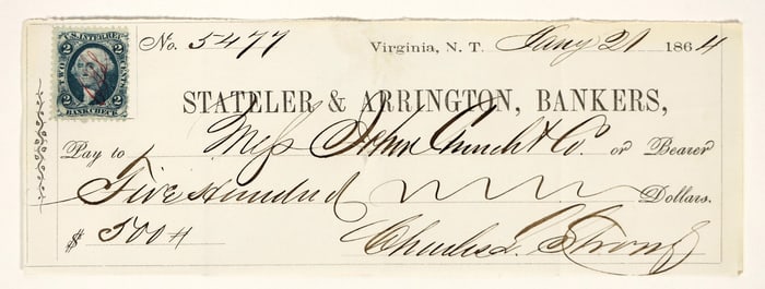 Virginia City, Nevada Territory Check Issued to John Church & Co. (Newspaper) [199045]